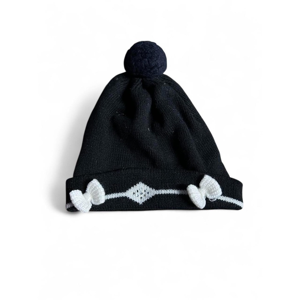 Pom Beanie Y2K Black Rhinestone Argyle Bow Coquette Ski Lodge Winter Hat Small